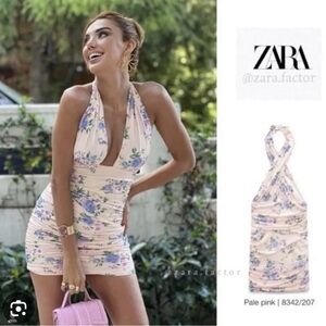 Zara pink floral print dress mini halter tied collar BLOGGERS FAVORITE!! NEW